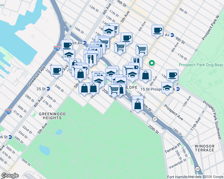 map of restaurants, bars, coffee shops, grocery stores, and more near 328A 19th Street in Brooklyn