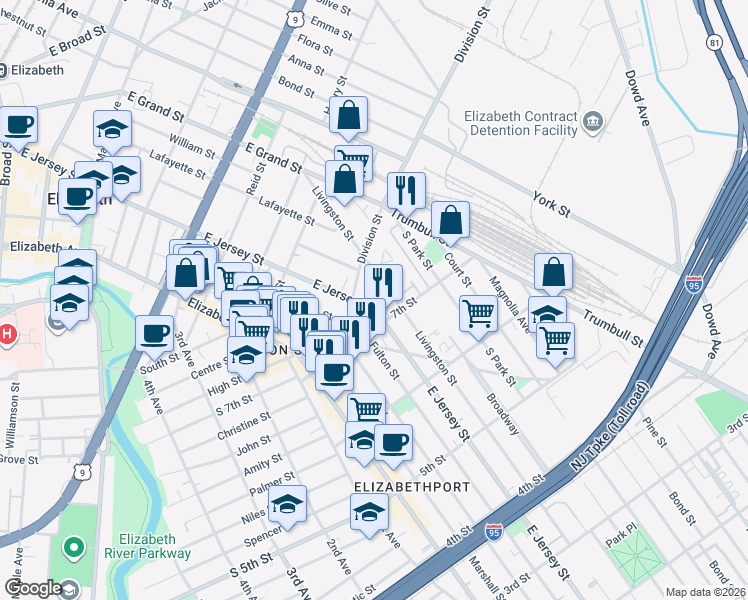 map of restaurants, bars, coffee shops, grocery stores, and more near 105-09 Miller Street in Elizabeth