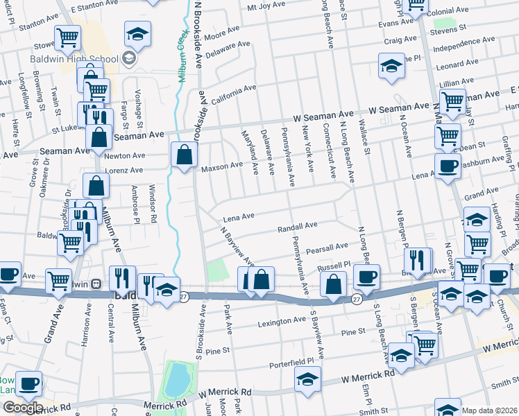 map of restaurants, bars, coffee shops, grocery stores, and more near 266 Lena Avenue in Freeport