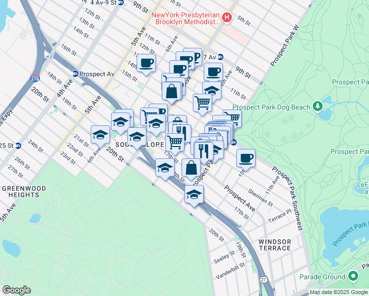 map of restaurants, bars, coffee shops, grocery stores, and more near 72 Windsor Place in Brooklyn