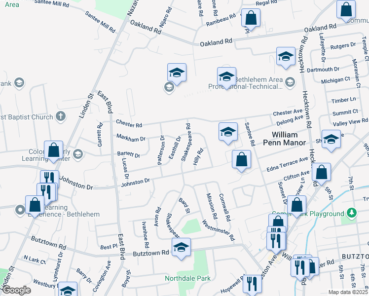 map of restaurants, bars, coffee shops, grocery stores, and more near 3179 Shakespeare Road in Bethlehem