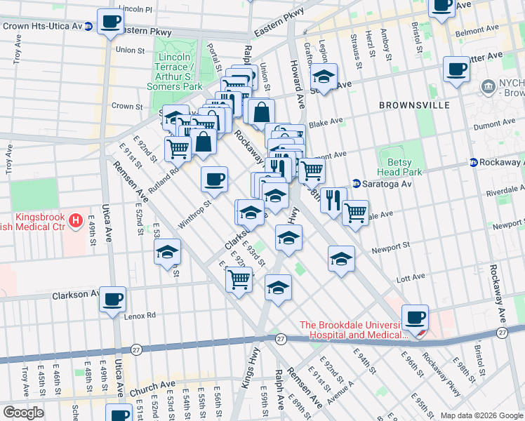 map of restaurants, bars, coffee shops, grocery stores, and more near 9517 Kings Highway in Brooklyn