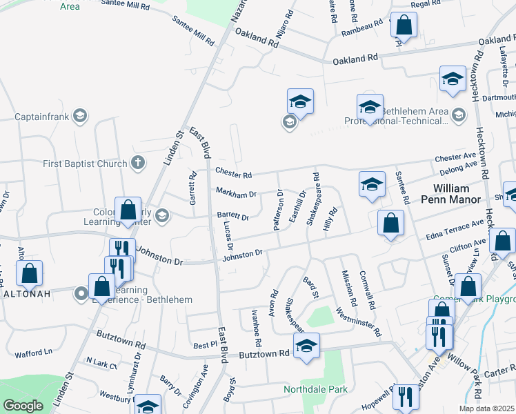 map of restaurants, bars, coffee shops, grocery stores, and more near 1831 Barrett Drive in Bethlehem