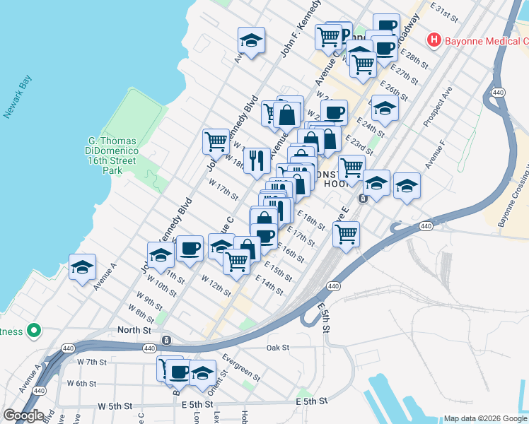 map of restaurants, bars, coffee shops, grocery stores, and more near 24 Andrew Street in Bayonne