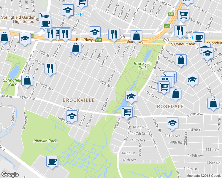 map of restaurants, bars, coffee shops, grocery stores, and more near 231-20 145th Avenue in Queens