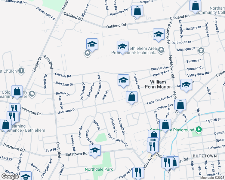 map of restaurants, bars, coffee shops, grocery stores, and more near 3134 Easthill Drive in Bethlehem