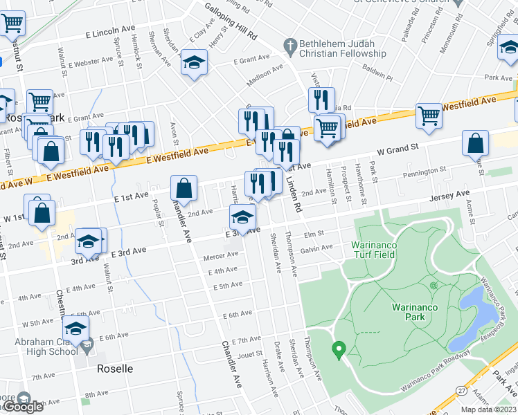 map of restaurants, bars, coffee shops, grocery stores, and more near 528 East 2nd Avenue in Roselle