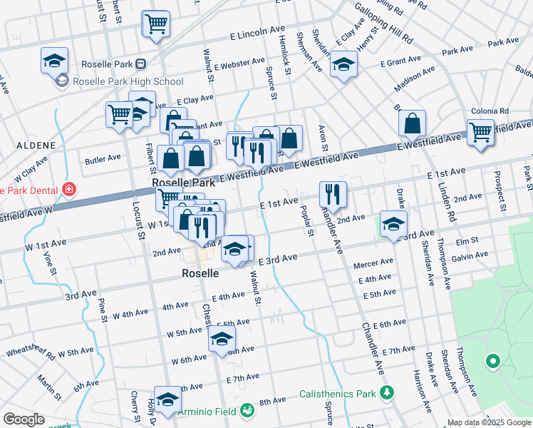 map of restaurants, bars, coffee shops, grocery stores, and more near 228 East 1st Avenue in Roselle