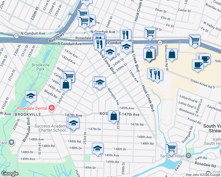 map of restaurants, bars, coffee shops, grocery stores, and more near 141-46 253rd Street in Queens