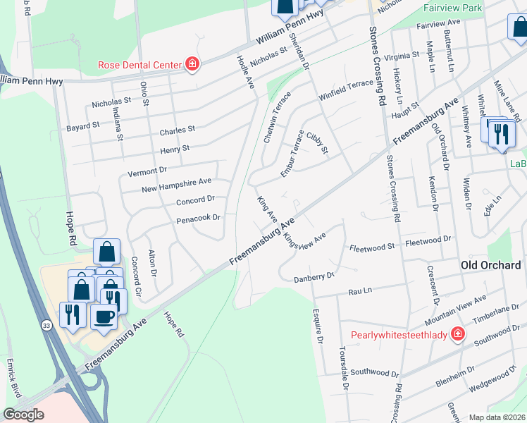 map of restaurants, bars, coffee shops, grocery stores, and more near 2837 King Avenue in Easton