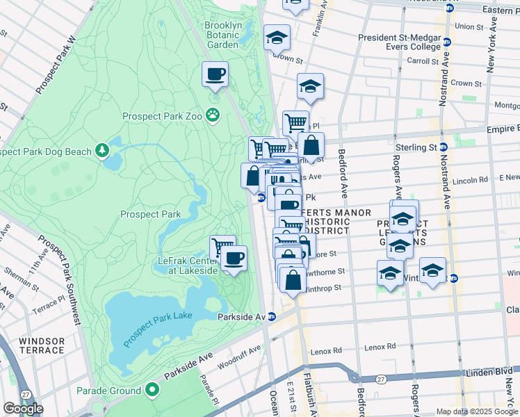 map of restaurants, bars, coffee shops, grocery stores, and more near 115 Ocean Avenue in Brooklyn