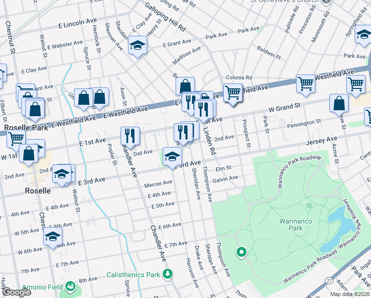 map of restaurants, bars, coffee shops, grocery stores, and more near 528 East 2nd Avenue in Roselle
