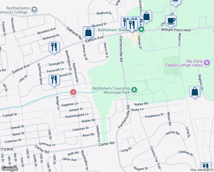 map of restaurants, bars, coffee shops, grocery stores, and more near 3107 Farmersville Road in Bethlehem