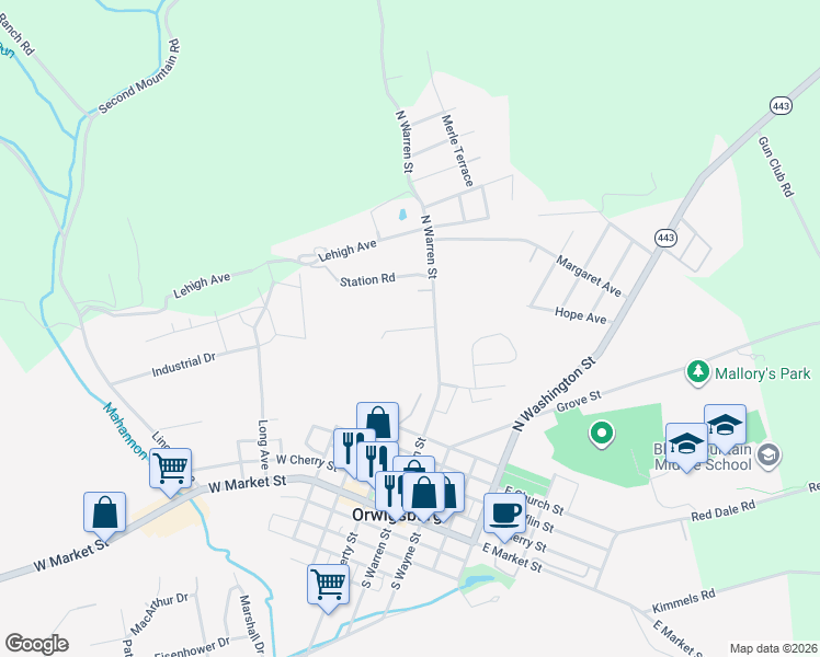 map of restaurants, bars, coffee shops, grocery stores, and more near Orwigsburg Manor Drive in Orwigsburg