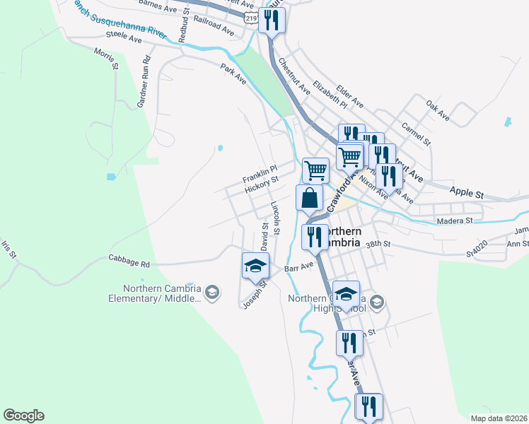 map of restaurants, bars, coffee shops, grocery stores, and more near 100-106 Susquehanna St in Northern Cambria
