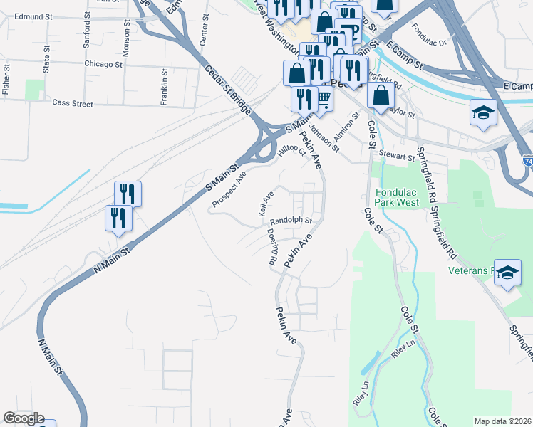 map of restaurants, bars, coffee shops, grocery stores, and more near 246 Keil Avenue in East Peoria