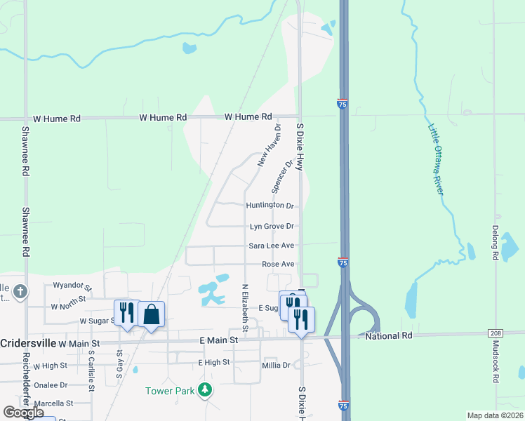map of restaurants, bars, coffee shops, grocery stores, and more near 1935 Huntington Drive in Lima