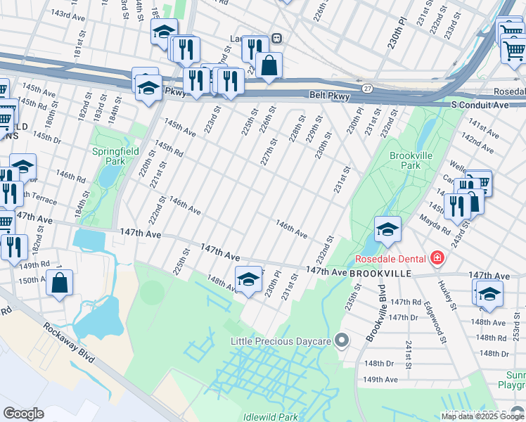map of restaurants, bars, coffee shops, grocery stores, and more near 228-9 146th Avenue in Queens