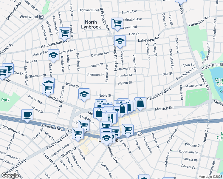 map of restaurants, bars, coffee shops, grocery stores, and more near 103 Hempstead Avenue in Lynbrook