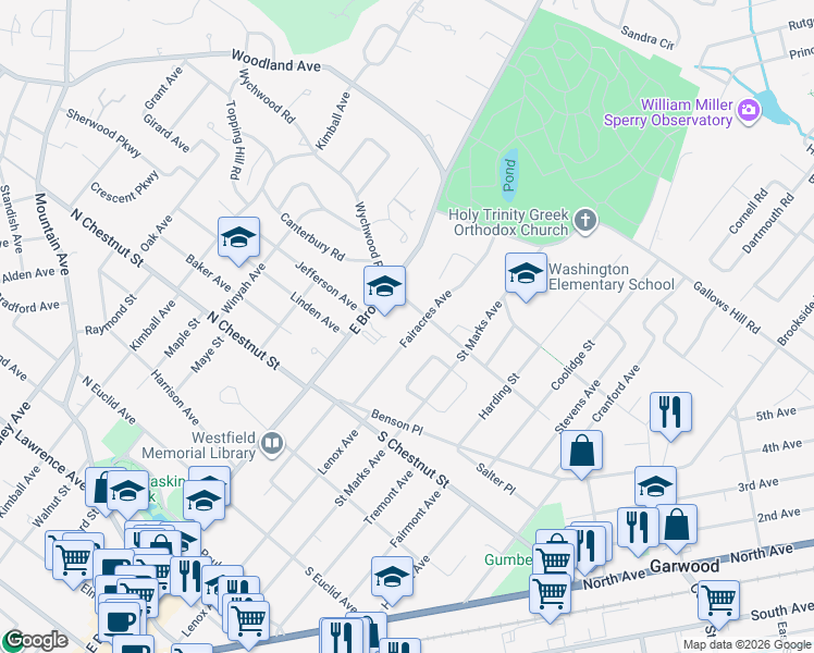 map of restaurants, bars, coffee shops, grocery stores, and more near 779 Fairacres Avenue in Westfield