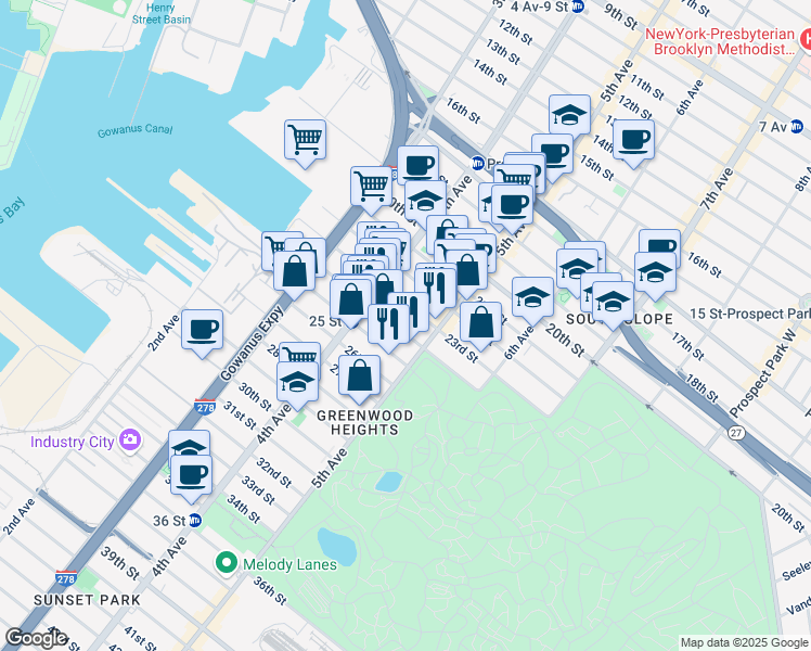 map of restaurants, bars, coffee shops, grocery stores, and more near 281 24th Street in Brooklyn