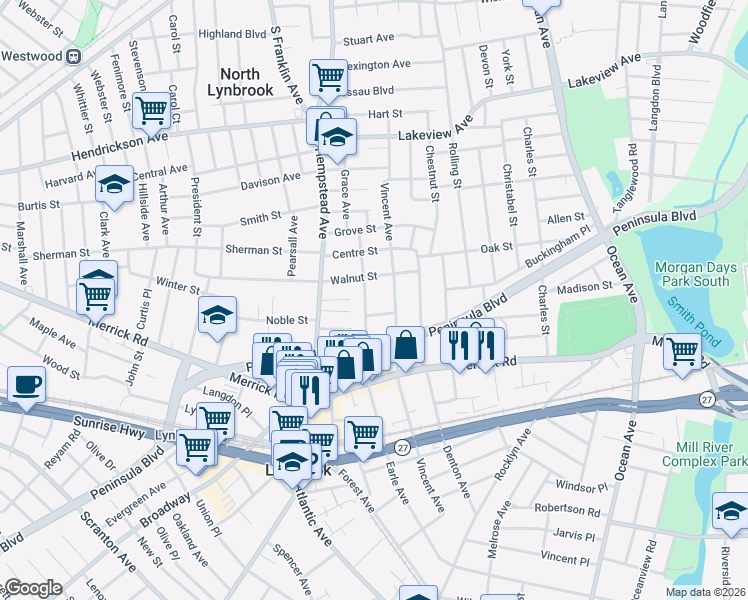 map of restaurants, bars, coffee shops, grocery stores, and more near 273 Vincent Avenue in Lynbrook
