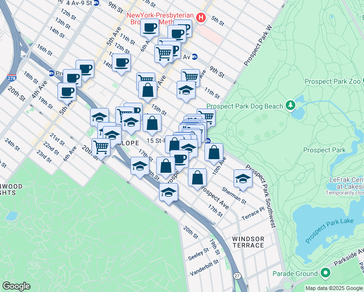 map of restaurants, bars, coffee shops, grocery stores, and more near 107 Windsor Place in Brooklyn