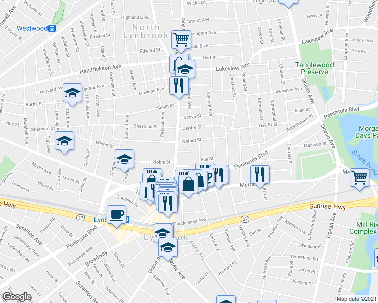map of restaurants, bars, coffee shops, grocery stores, and more near 29 Devine Street in Lynbrook