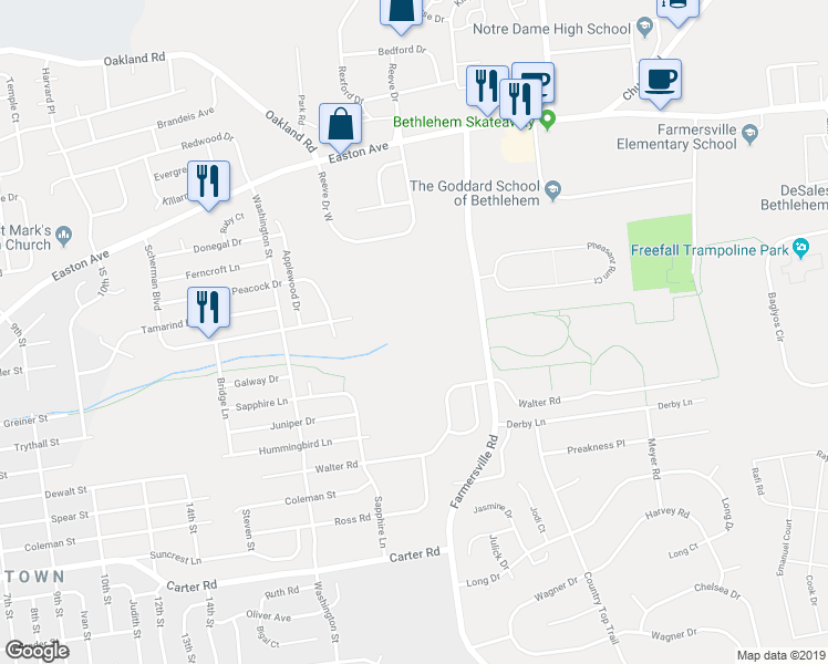 map of restaurants, bars, coffee shops, grocery stores, and more near 3107 Farmersville Road in Bethlehem