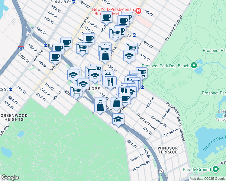 map of restaurants, bars, coffee shops, grocery stores, and more near 1643 8th Avenue in Brooklyn