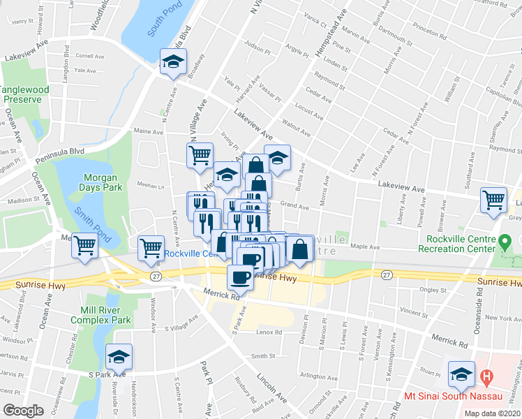 map of restaurants, bars, coffee shops, grocery stores, and more near 41 Saint Marks Avenue in Rockville Centre