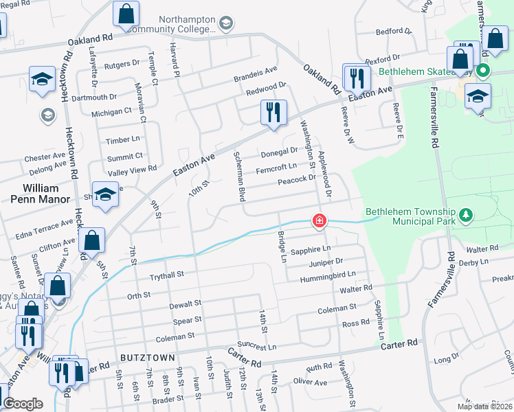 map of restaurants, bars, coffee shops, grocery stores, and more near 3904 Tamarind Drive in Bethlehem