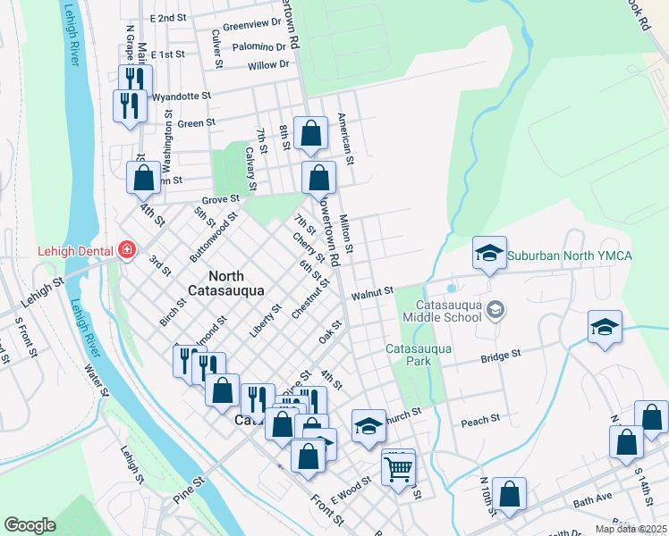 map of restaurants, bars, coffee shops, grocery stores, and more near 1030 Howertown Road in Catasauqua