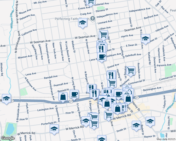 map of restaurants, bars, coffee shops, grocery stores, and more near 100 North Bergen Place in Freeport