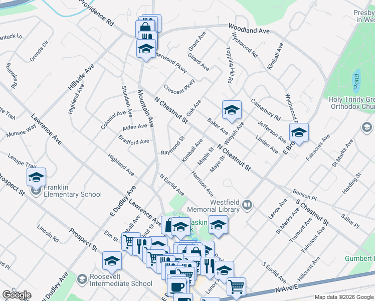 map of restaurants, bars, coffee shops, grocery stores, and more near 621 Kimball Avenue in Westfield
