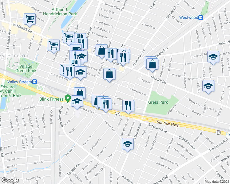 map of restaurants, bars, coffee shops, grocery stores, and more near 24 Satterie Avenue in Valley Stream