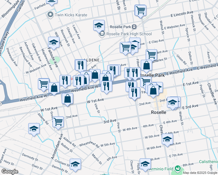 map of restaurants, bars, coffee shops, grocery stores, and more near 190 Westfield Avenue West in Roselle Park