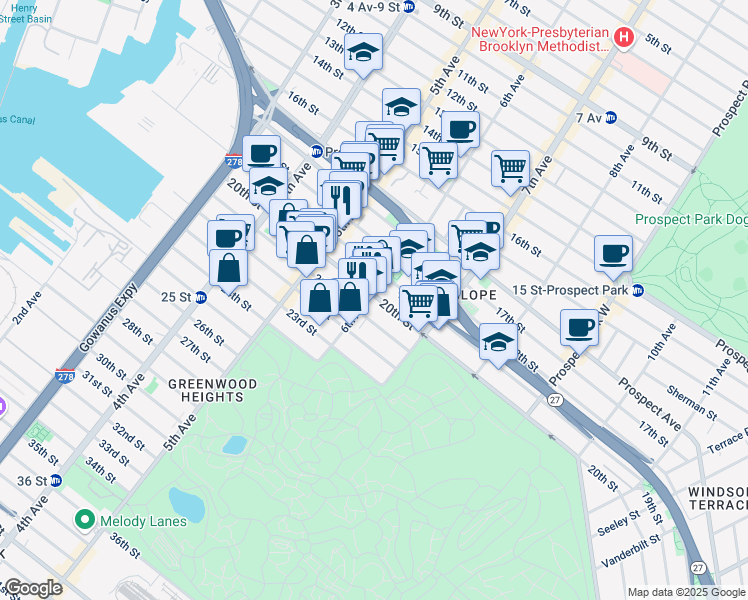 map of restaurants, bars, coffee shops, grocery stores, and more near 691 6th Avenue in Brooklyn