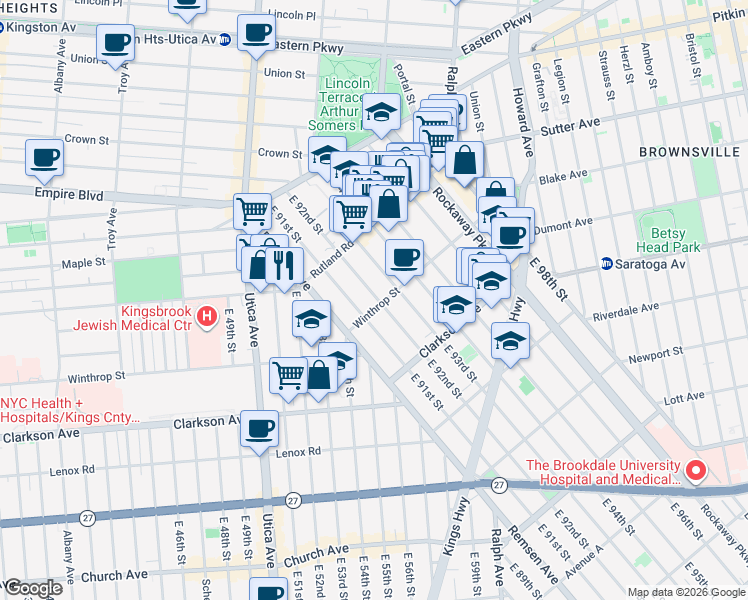 map of restaurants, bars, coffee shops, grocery stores, and more near 185 East 92nd Street in Brooklyn
