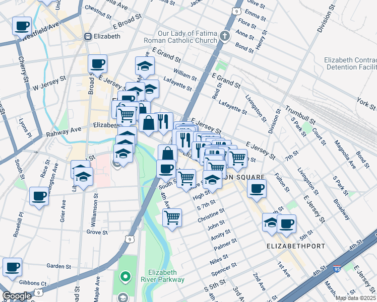 map of restaurants, bars, coffee shops, grocery stores, and more near 943 Elizabeth Avenue in Elizabeth