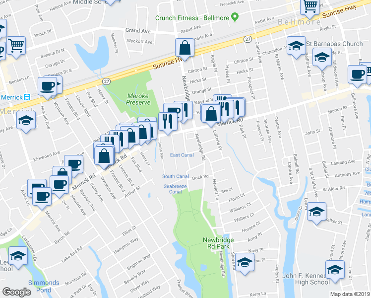 map of restaurants, bars, coffee shops, grocery stores, and more near 2010 Ocean Avenue in Bellmore