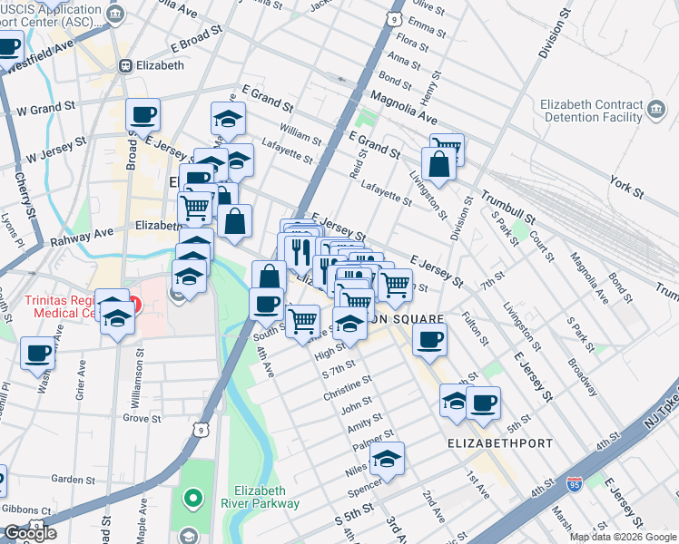 map of restaurants, bars, coffee shops, grocery stores, and more near 20 Jaques Street in Elizabeth