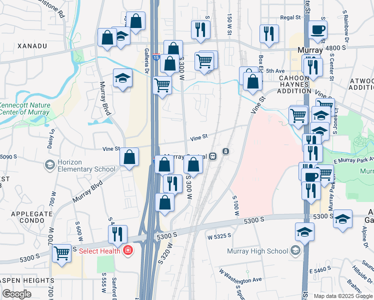 map of restaurants, bars, coffee shops, grocery stores, and more near 5101 Commerce Drive in Murray