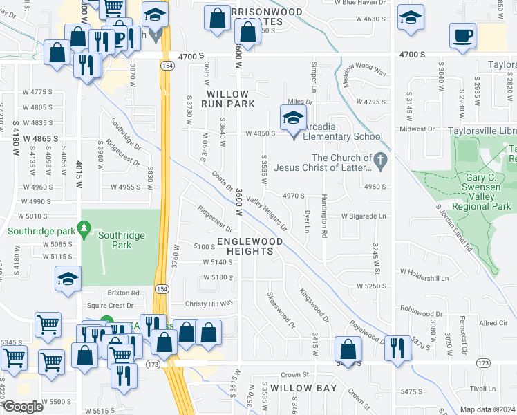 map of restaurants, bars, coffee shops, grocery stores, and more near 3553 Valley Heights Drive in Salt Lake City