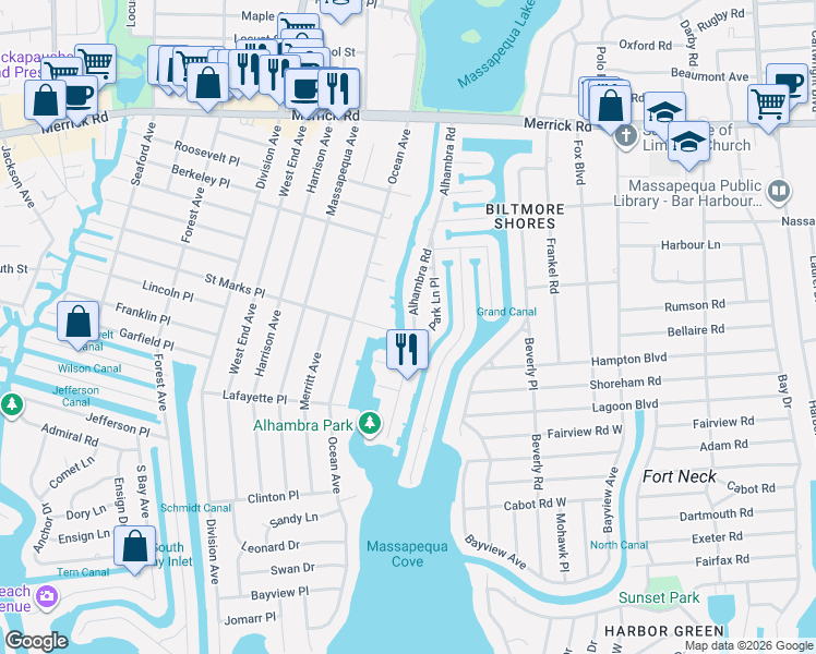 map of restaurants, bars, coffee shops, grocery stores, and more near 222 Saint Marks Place in Massapequa