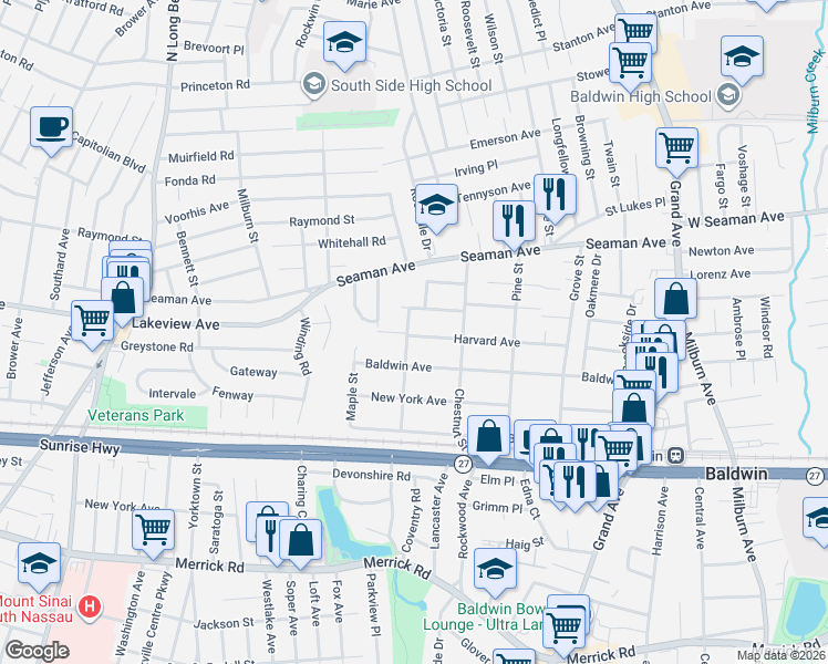 map of restaurants, bars, coffee shops, grocery stores, and more near 2062 Walnut Street in Baldwin