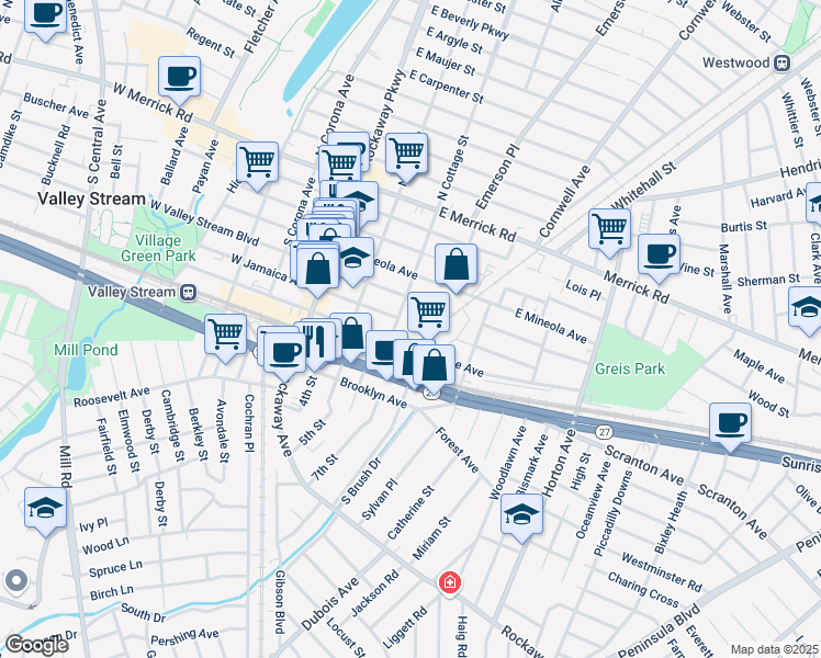 map of restaurants, bars, coffee shops, grocery stores, and more near 64 East Jamaica Avenue in Valley Stream