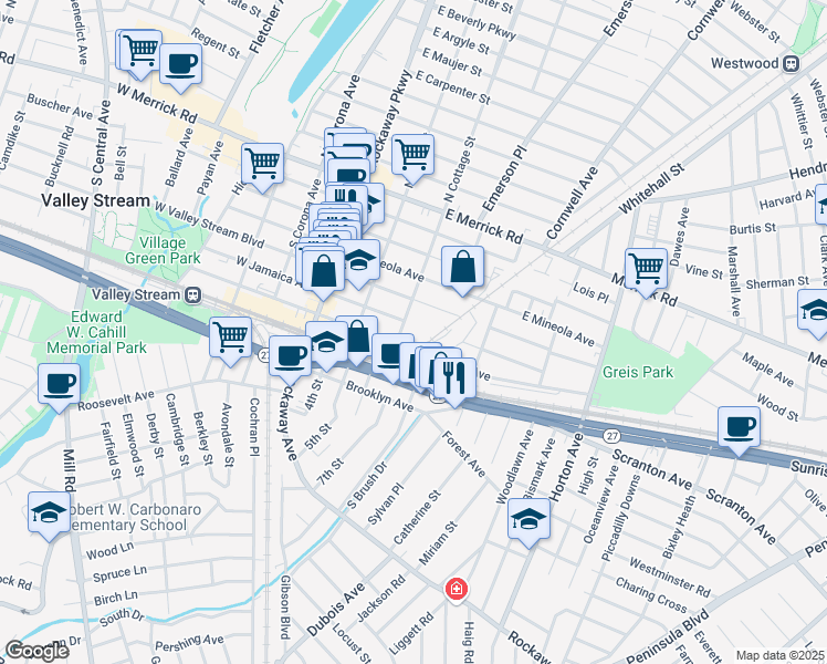 map of restaurants, bars, coffee shops, grocery stores, and more near 64 East Jamaica Avenue in Valley Stream