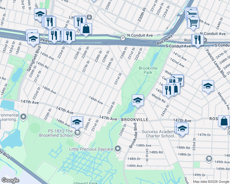 map of restaurants, bars, coffee shops, grocery stores, and more near 231-20 145th Avenue in Queens