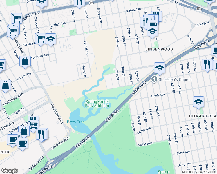 map of restaurants, bars, coffee shops, grocery stores, and more near 156-48 76th Street in Queens
